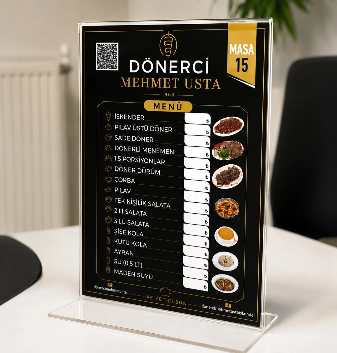 Masaüstü pleksi restoran menüsü